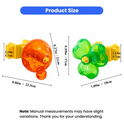 Adjustable Pet Slow Feeder Toy Size Chart Size dimensions of clamp-on pet treat dispensing toy with three-leaf clover and world cup styles