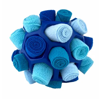 Blue Dog Snuffle Ball Toy for Slow Feeding and Enrichment Blue dog snuffle enrichment ball with fleece rolls for treat training and interactive sniffing games