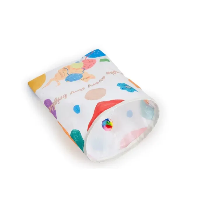 Colorful Crinkle Cat Tunnel Toy with Interactive Ball Colorful printed cat tunnel toy with rainbow hanging ball for kitten and cat play