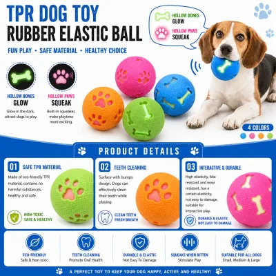 TPR Dog Toy Rubber Elastic Ball Product Details TPR dog toy rubber elastic ball infographic showing glow bones, squeaky paws, colors, and product features