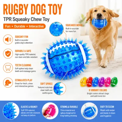 Rugby TPR Squeaky Dog Toy for Aggressive Chewers Blue rugby shaped TPR squeaky dog toy with soft spikes for teeth cleaning and interactive chewing