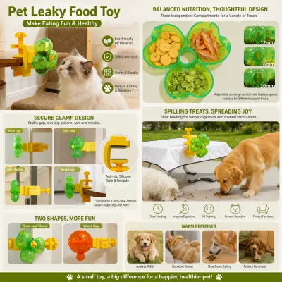 Interactive Pet Leaky Food Toy for Cats and Dogs Multifunctional clamp-on pet treat dispenser toy with slow feeding and IQ training features