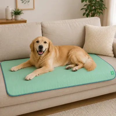Golden retriever lying on a washable leakproof pet pad placed on a living room sofa