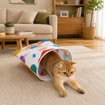 Golden indoor cat stretching and playing inside colorful crinkle cat tunnel toy with hanging ball in living room