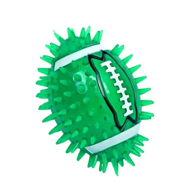 Green Spiky Rugby Dog Chew Toy with Squeaker Green rugby shaped spiky dog chew toy made from durable TPR material