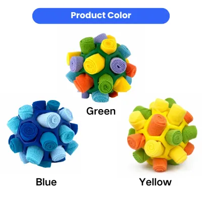 Dog Snuffle Ball Toy Color Options for Interactive Treat Training Color options of interactive dog snuffle ball toy in blue, green, and yellow for pet enrichment and treat training