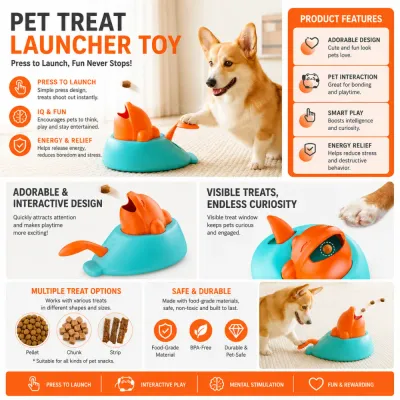 Interactive Pet Treat Launcher Toy for Cats and Dogs Product Features Interactive pet treat launcher toy with treat dispensing design for cats and dogs indoor play and training