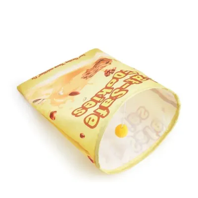Yellow crinkle cat tunnel toy featuring built-in hanging plush teaser ball for cats