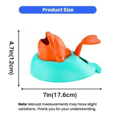 Baby Whale Pet Treat Launcher Toy Size Guide for Cats and Dogs Size dimensions of baby whale interactive pet treat launcher toy measuring 7 inches by 4.7 inches