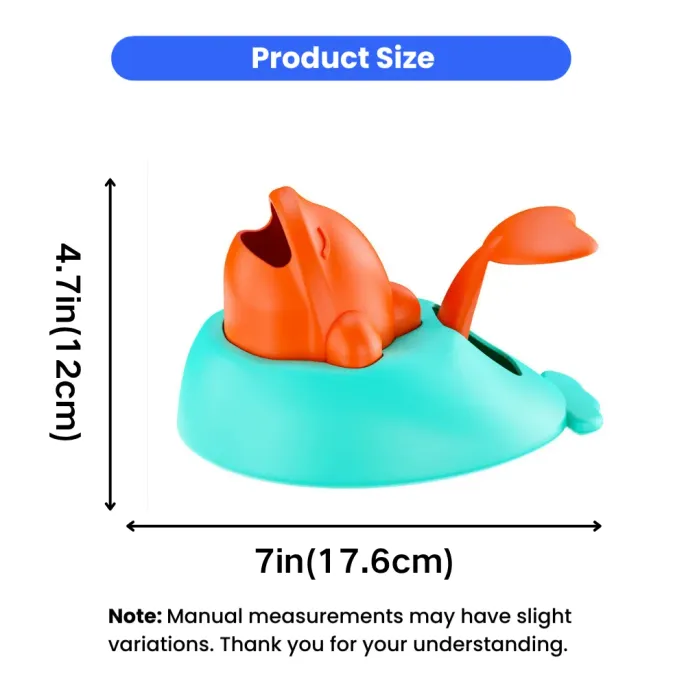 Baby Whale Pet Treat Launcher Toy Size Guide for Cats and Dogs Size dimensions of baby whale interactive pet treat launcher toy measuring 7 inches by 4.7 inches