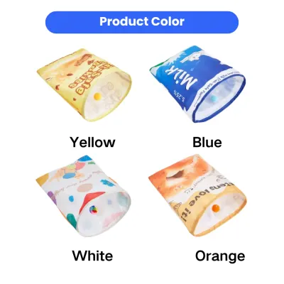 Multiple color options of crinkle cat tunnel toy including yellow, blue, white, and orange styles