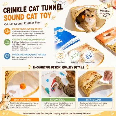 Interactive cat tunnel toy with crinkle paper sound and hanging teaser ball for active cats
