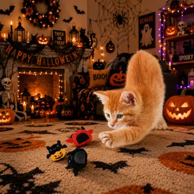 Cat Playing with Halloween Catnip Plush Toys Orange kitten playing with Halloween catnip plush bat toys in a spooky Halloween room