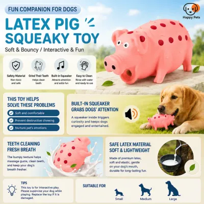 Interactive Latex Pig Squeaky Dog Toy Features Interactive latex pig squeaky dog toy with teeth cleaning and built-in squeaker features