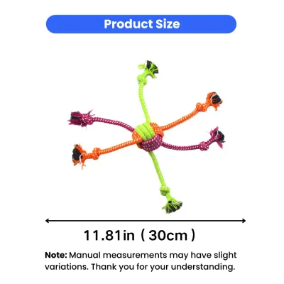 11.81in Cotton Rope Knot Dog Toy Size Guide | Petfairs Size chart of colorful cotton rope knot dog toy measuring 11.81 inches 30cm
