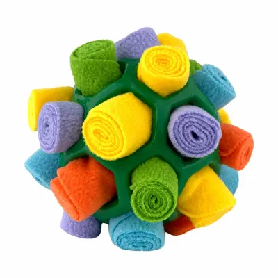 Green Dog Snuffle Ball Toy for Treat Dispensing and Foraging Green interactive dog snuffle ball toy with fleece treat pockets for enrichment and slow feeding activities