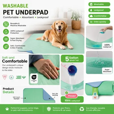 Leakproof washable pet underpad with absorbent quick drying surface and non slip backing for pets