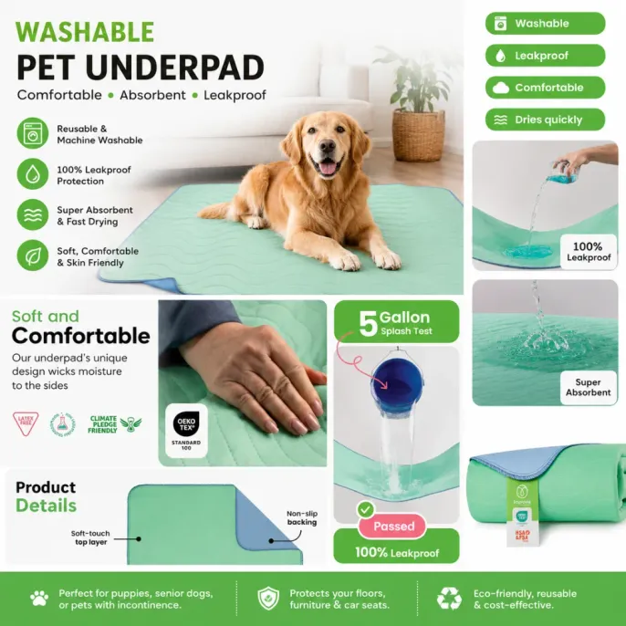 Leakproof Washable Pet Underpad Features and Absorbent Protection Leakproof washable pet underpad with absorbent quick drying surface and non slip backing for pets