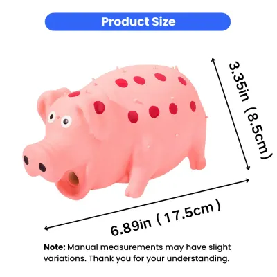 Latex Pig Dog Toy Size Guide for Puppies Size chart of pink latex pig squeaky dog toy measuring 6.89in x 3.35in