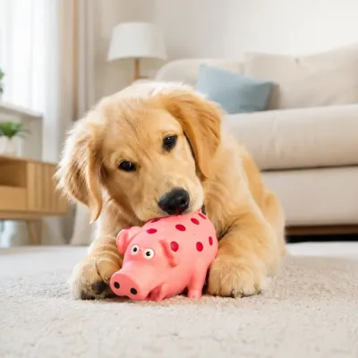 Puppy Playing with Latex Pig Squeaky Toy Golden retriever puppy chewing pink latex pig squeaky toy in living room