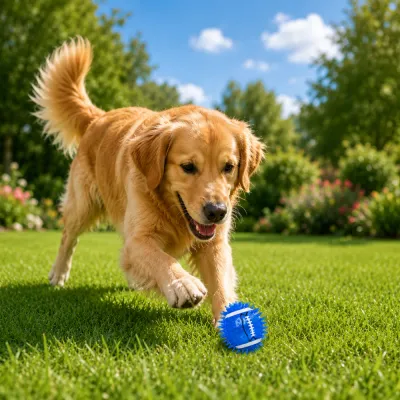 Golden Retriever Playing with TPR Rugby Dog Toy Golden retriever playing with blue TPR rugby squeaky dog toy on grass outdoors