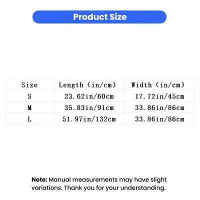 Size chart of washable pet underpad showing dimensions in inches and centimeters for S M and L sizes