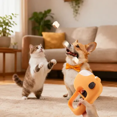 Dog and Cat Playing with Freeze-Dried Treat Launcher Toy Indoors Cute dog and cat playing indoors with interactive freeze-dried pet treat launcher toy