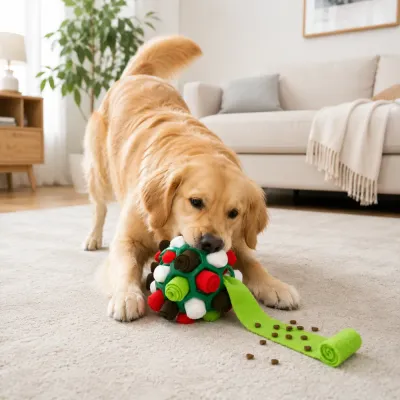Golden Retriever Playing with Dog Snuffle Ball Toy Indoors Golden retriever dog playing with interactive snuffle ball toy on living room carpet during treat training game