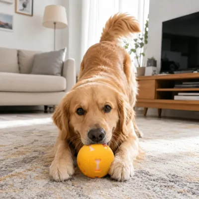 Golden Retriever Playing with TPR Dog Chew Ball Golden retriever chewing an orange TPR squeaky dog toy ball indoors