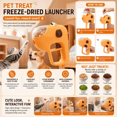 Interactive Freeze-Dried Pet Treat Launcher for Dogs and Cats Interactive freeze-dried pet treat launcher toy for dogs and cats with easy one-press snack launching function