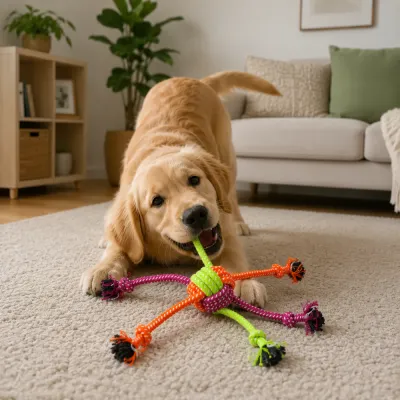 Golden Retriever Playing with Rope Knot Dog Toy at Home | Petfairs Golden retriever chewing colorful rope knot dog toy in living room