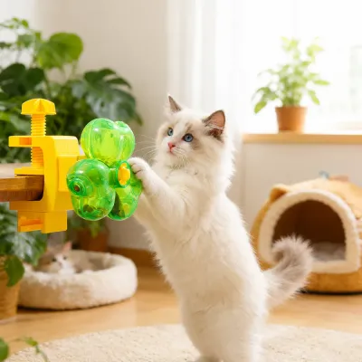 Interactive Cat Slow Feeder Toy for Indoor Cats Fluffy indoor cat playing with interactive clamp-on slow feeder toy for mental stimulation and treat dispensing