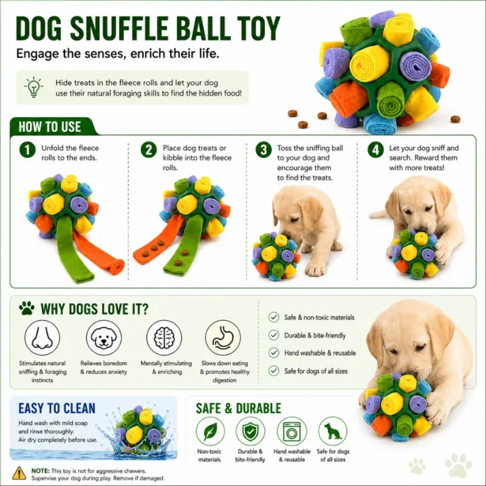 Interactive Dog Snuffle Ball Toy for Treat Training and Enrichment Interactive dog snuffle ball toy with treat hiding pockets for mental stimulation slow feeding and enrichment play