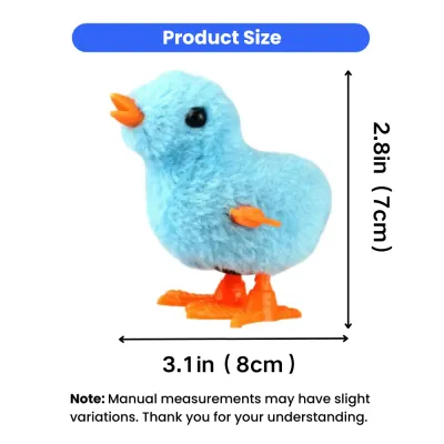 Size dimensions of plush wind-up chick cat toy measuring 3.1 inches by 2.8 inches