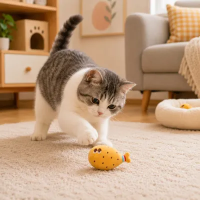 Indoor Cat Playing with Chicken Leg Catnip Plush Toy | Petfairs Indoor cat playing with cute chicken leg catnip plush toy on carpet in cozy living room