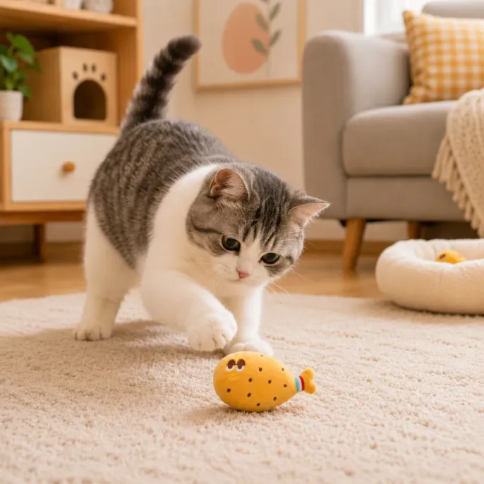 Indoor cat playing with cute chicken leg catnip plush toy on carpet in cozy living room