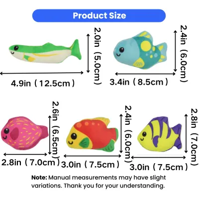 Size dimensions of plush fish cat toys in inches and centimeters for different fish styles