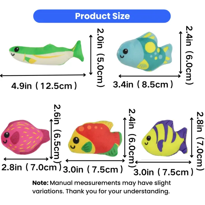 Size dimensions of plush fish cat toys in inches and centimeters for different fish styles