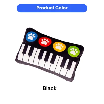 Black piano plush cat toy with colorful paw print design displayed as product color option