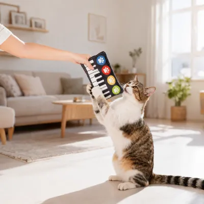 Indoor cat standing and playing with colorful piano plush toy in a bright living room