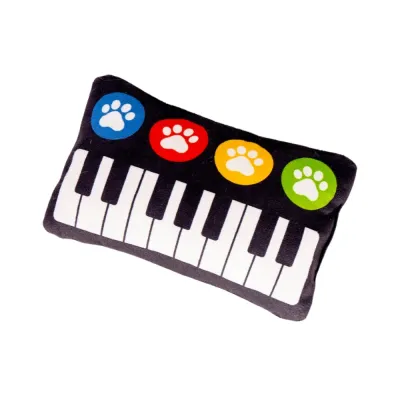 Black piano-shaped plush cat toy with colorful paw print keys for kitten chewing and interactive play  说明文