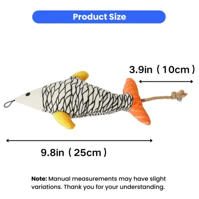 Plush Fish Cat Toy Size Guide for Indoor Cats | Petfairs Size dimensions of fish-shaped plush cat toy measuring 9.8 inches long with rope tail detail