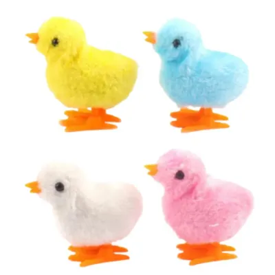 Wind-Up Plush Chick Cat Toy Multiple Colors | Interactive Cat Toy Four colorful wind-up plush chick cat toys in yellow, blue, white, and pink for interactive cat play