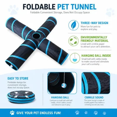 Foldable interactive cat tunnel featuring hanging ball toy, crinkle sound fabric, and four-way play design