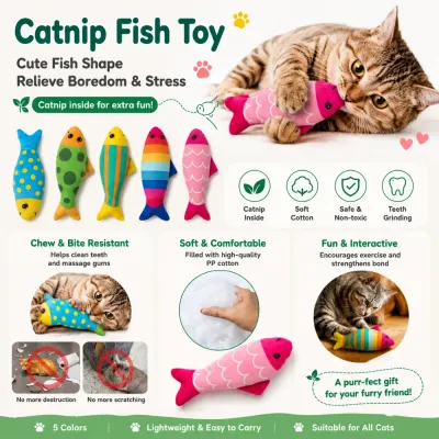 Interactive Catnip Fish Toy for Indoor Cats Interactive plush catnip fish toy with soft cotton filling and chew-resistant design for indoor cats
