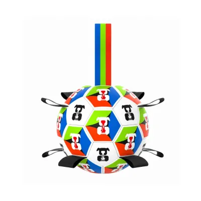 Colorful world cup themed dog soccer ball toy with pull tabs and hanging strap
