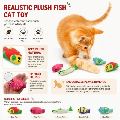 Orange kitten playing with colorful plush fish cat toys made with soft plush and PP fiber filling