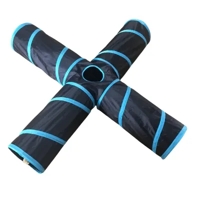 Foldable Cat Tunnel Toy for Indoor Cats | 4-Way Interactive Pet Tunnel Blue foldable 4-way cat tunnel toy for indoor cats with interactive crawl and hide play design