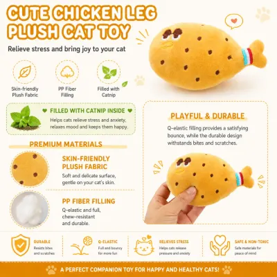 Cute Chicken Leg Catnip Plush Cat Toy for Indoor Cats | Petfairs Cute chicken leg plush cat toy filled with catnip and PP fiber for stress relief and interactive indoor cat play