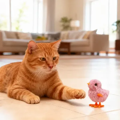 Orange tabby cat playing with a pink wind-up plush chick toy indoors on the floor